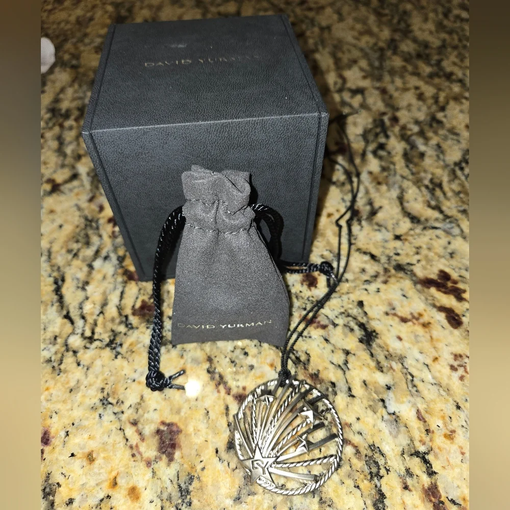 David Yurman Silver Rope Pendant with Black Cord & Gift box and bag